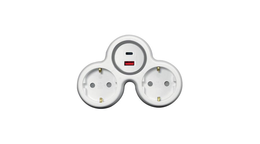 2 Áramkörös Adapter USB Töltővel – 230V~, USB A+C (Max 20W), Fehér-Szürke