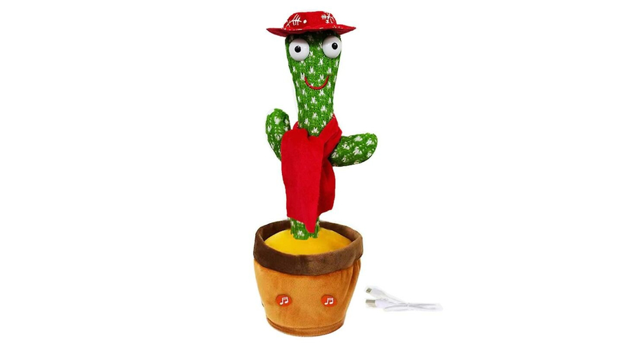 Interaktív visszabeszélő táncoló, zenélő, világító kaktusz, piros kalappal
