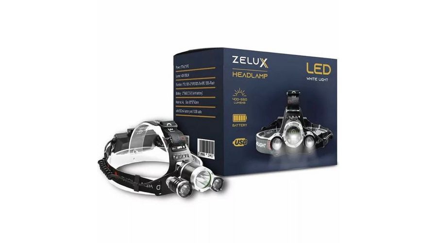 Zelux Led akkumulátoros fejlámpa, töltő + akkumulátor